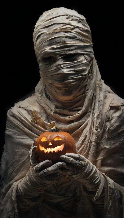 a person in a costume holding a pumpkin Halloween Mummies Mummy Aesthetic, Mummy, Creepy Pumpkin, Halloween, Dark Aesthetic, Fashion Art, black