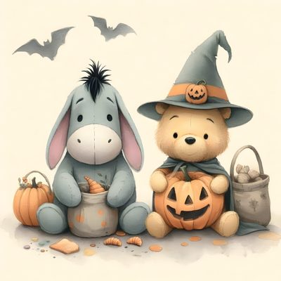 two stuffed animals sitting next to each other with pumpkins in front of them and bats on the ground Eeyore Halloween Cute Winnie The Pooh Fall, Halloween Winnie The Pooh, Eeyore Halloween, antique white