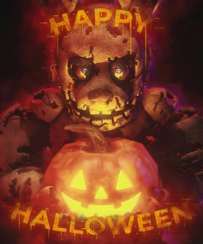 a creepy teddy bear holding a pumpkin with the words happy halloween on it Halloween Fnaf Fnaf Halloween Characters, Halloween Bonnie Fnaf 4, Halloween Bonnie Fnaf, saddle brown