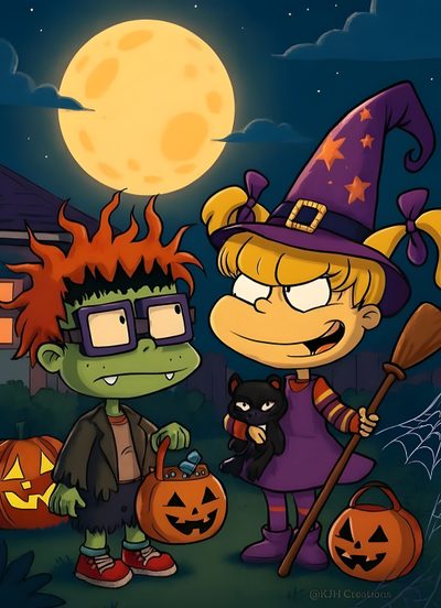 two cartoon characters dressed up as witches and pumpkins Max And Tommy Halloween Scary Halloween Characters Cartoon, Rugrat Halloween, Rugrats Halloween, dark slate gray