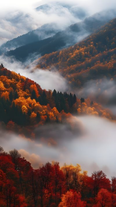 the mountains are covered in fog and trees with orange leaves on them, as seen from above Halloween Mountain Free Fall, November, Autumn Phone, October, Screen Savers, Fall Background, dim gray