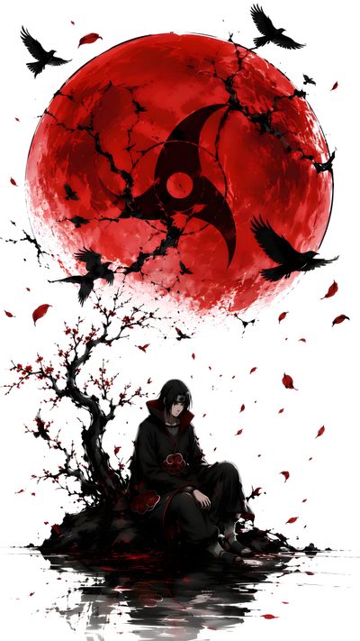 a person sitting on top of a tree in front of a red moon with birds flying around Itachi Uchiha Halloween Madara, Harley Quinn Art, Uchiha Clan, Anime Akatsuki, Scrapbook Background, linen