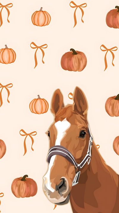 a brown horse standing in front of pumpkins on a white background with orange ribbons Cute Halloween Horse Horse Background, Halloween Backgrounds, Western Iphone, Cute Horse Pictures, linen