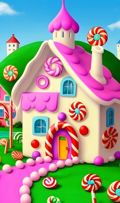 a cartoon house with candy land in the background Halloween Candy House Candyland Images, Candy Land Cartoon, Cartoon Candy Land, dark gray
