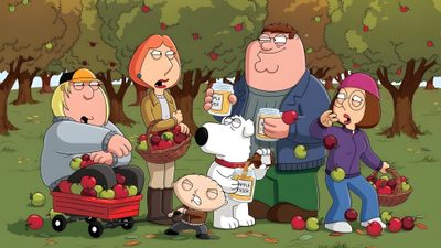the family is standing in an apple orchard with their dog, and two people are holding apples Family Guy Halloween Family Guy Fall Pose Meg, Family Guy Photos, Family Guy Thanksgiving, dark olive green