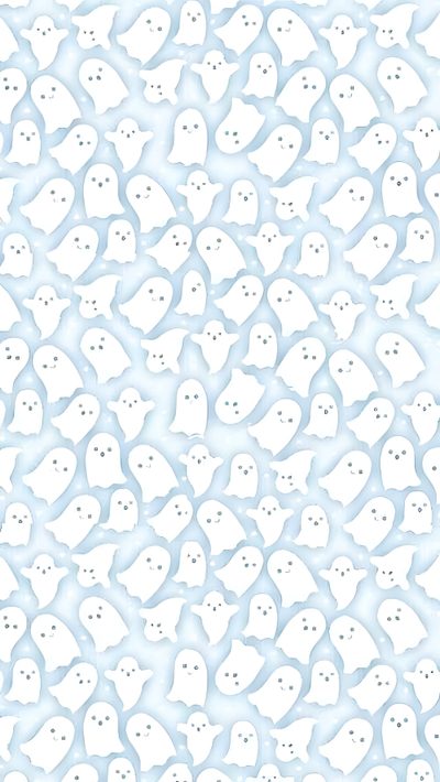 a white and blue pattern with small ghost faces Pastel Blue Halloween Blue Halloween Aesthetic, Blue And Gray Ghost Pattern, Blue Fall, Blue Ghost,