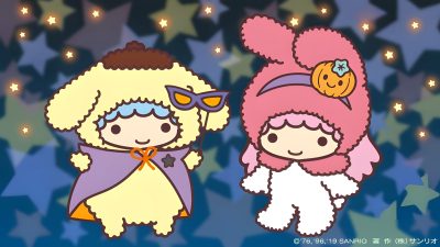 two cartoon characters are standing next to each other with stars in the sky behind them Little Twin Stars Halloween Halloween Sanrio Desktop, Sanrio Halloween Widget, Sanrio Pompompurin Halloween, dim gray