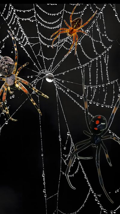 two spider's in their webs on a black background with drops of dew Halloween Spiders At University Of Texas Tattoos, Design, Tattoo Designs, Spider Web Screensaver, black