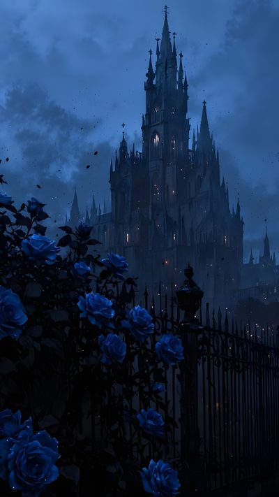 blue roses in front of a castle at night Blue Halloween Iphone Royalty, Blue Aesthetic Vintage, Dark Blue Aesthetic Iphone, Fantasy Blue,