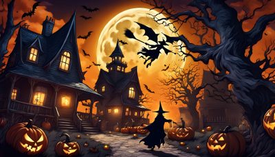 a halloween scene with pumpkins and a witch's house in the background at night Halloween Town 4k Halloween Landscape, Halloween Horror Nights, Halloween Pc, dark slate gray