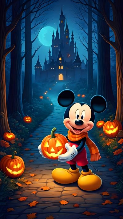 mickey mouse holding a pumpkin in front of a castle at night with jack - o'- lanterns Vintage Disney Halloween Mickey Mouse Halloween Cartoon, Mickey Mouse Halloween Iphone, Mickey Mouse Pumpkin, dark slate gray