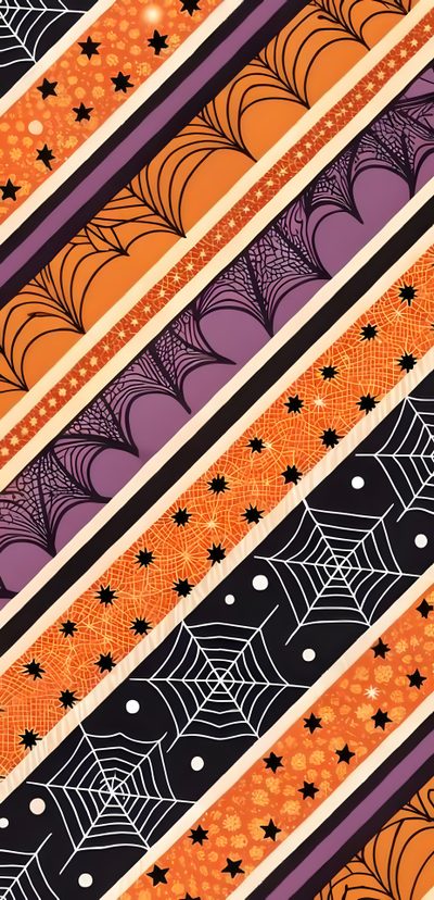an orange, black and purple striped background with spider webs on the bottom half Halloween Fair Isle Halloween Pattern Background, Halloween Pattern, Halloween Backgrounds Aesthetic, sienna
