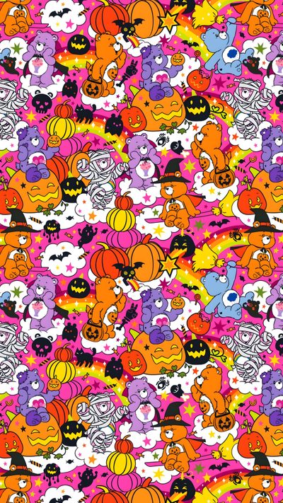 a colorful background with many different cartoon characters Care Bears Halloween Cute Retro Halloween, Scare Bears, Y2k Halloween Background, coral