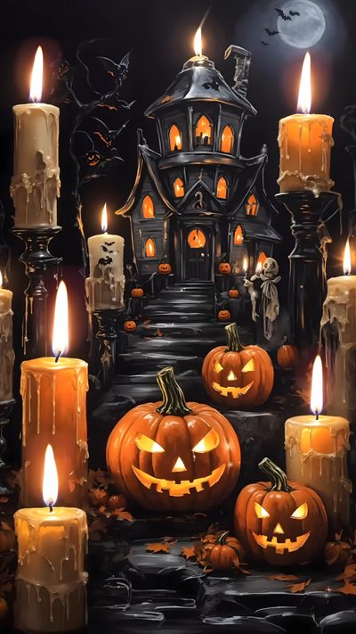 halloween pumpkins and candles in front of a house Halloween Live Halloween Walpappers, Halloween Screensavers, Beautiful Halloween, dark slate gray