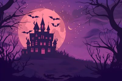 a spooky castle with bats in front of a full moon and purple sky Halloween Hill Motion Graphics Trends, Halloween Inspo, Motion Graphics, Halloween, dark slate blue