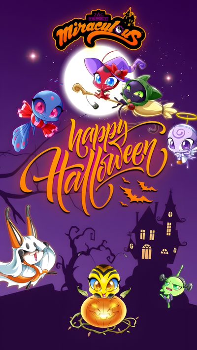 an animated halloween poster with cartoon characters on it Miraculous Ladybug Halloween Cute Kwami, Miraculous Pumpkin, Miraculous Ladybug Pumpkin, indigo