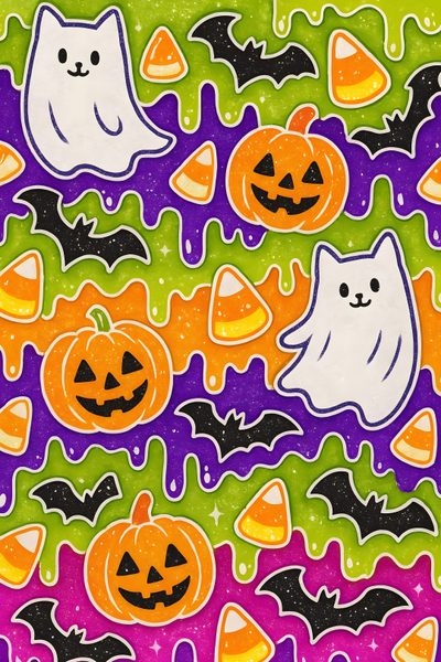an image of halloween pumpkins and ghostes on a green background with orange, purple, and black colors Halloween Slime Halloween Iphone Backgrounds, Halloween Cute, Glitter Slime, Gothic, Cute Pastel, peru