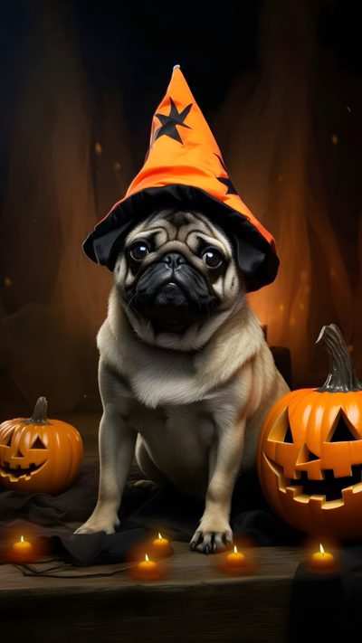 a pug dog wearing a witches hat sitting next to pumpkins Halloween Pug Iphone Fall Pug, Halloween Pug, Pug Thanksgiving, Pug Halloween, Pumpkin Pug, black