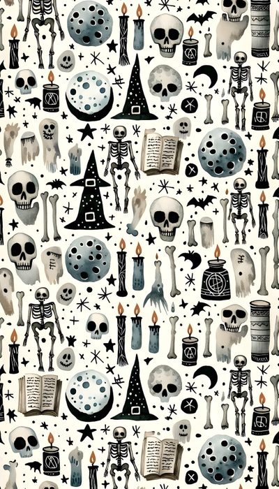 a pattern with skulls and witches on it Halloween Magic Potions Light Greysmall Witchy Halloween Background, Witchy Halloween, Witchy Backgrounds, beige