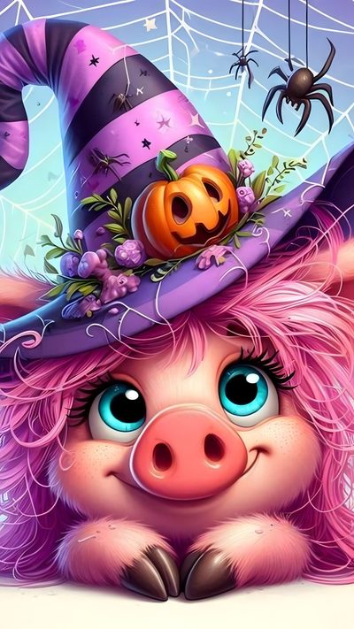 a cartoon pig wearing a witches hat with a spider hanging from it's side Halloween Pig Cute Halloween Memes, Halloween Coffee Humor Memes, Happy Halloween Cat Meme, rosy brown