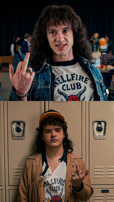 two different pictures one with a man and the other with a woman in front of lockers Matching Stranger Things And Halloween Characters Edy Stranger Things, Tokio Hotel, Pastel Pink Aesthetic, dark olive green