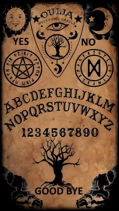 an old book with various symbols and numbers on the front cover, including a pentagramil Halloween Ouija Planchette Spirit Board, Ouija Board, Halloween Ouija, Halloween Ouija Board, sienna