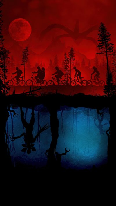 the silhouettes of people riding bikes in front of a red sky with trees and water Stranger Things Halloween Stranger Things, Tv Series, High Resolution Stranger Things Poster, Fangirl, black