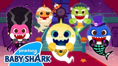 some cartoon characters are standing in front of a stage with shark heads on it's chest Baby Shark Halloween Pinkfong Halloween Zombie Sharks, Pinkfong Ghost Baby Shark, Baby Shark Halloween Super Simple Songs, dim gray