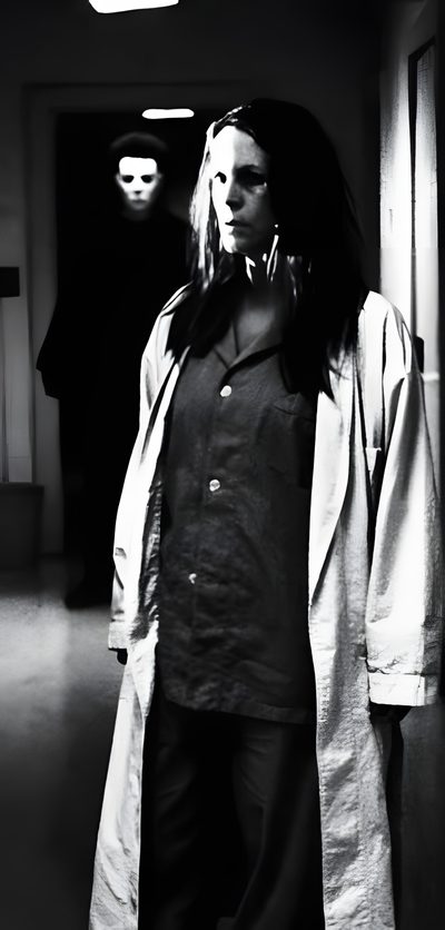 black and white photograph of woman in trench coat walking down hallway with man behind her Halloween Resurrection Michael And Laurie, Laurie Halloween, Halloween 2 Laurie Strode, black