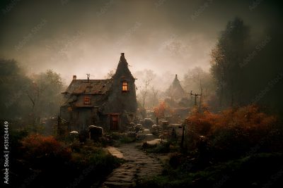 an old house in the middle of a foggy forest with sheep and trees around it Halloween Village For Pc Creepy Old House In The Woods, Ghostly House In Forest, Witch Village, dark slate gray