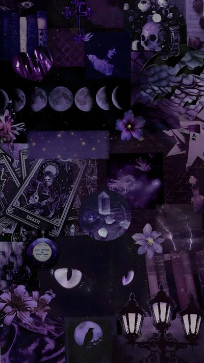 a collage of images with cats, flowers and moon in the sky above them Purple Purple Edgy Aesthetic Halloween Backgrounds Witchy, Dark Magic Aesthetic, Witchy Phone, black