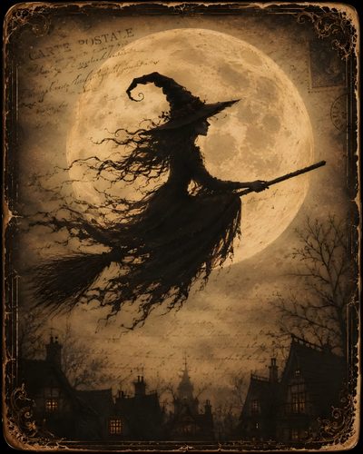 a painting of a witch flying in front of a full moon with her long hair blowing in the wind Vintage Halloween Witch Witchy Painting, Beautiful Witch, Witch Art, Favorite Holiday, dark olive green