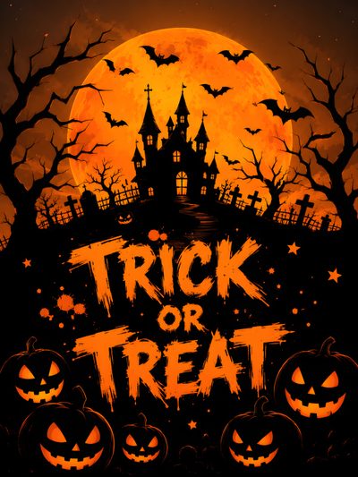 a poster for trick or treat with pumpkins and bats in front of a full moon Halloween Trick Or Treat Spooky Background, Pumpkin, Apple Watch, Halloween Magic, Orange, Halloween, black