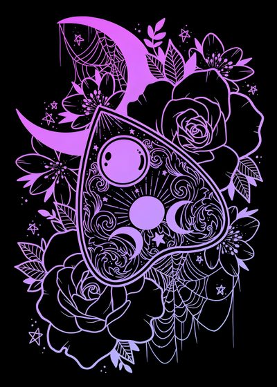 a drawing of flowers and a cat on a black background with pink ink, in the shape of a half moon Halloween Planchette Glowing Ouija Board Design, Spirit Board Background, Purple Background Ouija Board, black