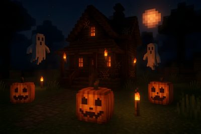 some pumpkins are lit up in front of a house Minecraft Halloween Minecraft Halloween, Minecraft Youtube Banner, Halloween Desktop, Minecraft Inspo, black