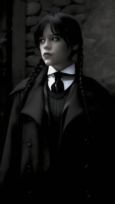 a woman with long braids wearing a black coat Wednesday Addams Halloween Wednesday Addams Raven Hair, Wednesday Side Profile, Wednesday Addams Side Profile, black