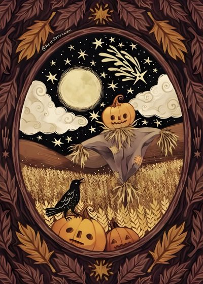 a painting of a scarecrow and two pumpkins Halloween Art Aesthetic Watercolor Halloween Scene, Helloween Art, Harvest Theme, Haloween Art, saddle brown
