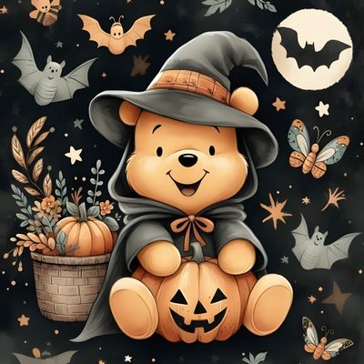a teddy bear wearing a witches hat and sitting on a pumpkin with bats around it Disney Halloween Winnie The Pooh Winnie The Pooh Drawing, Winnie The Pooh Costume, Photo Halloween, dark slate gray