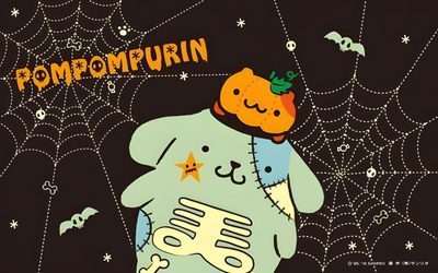 a cartoon bear holding a pumpkin on its back Pom Pom Purin Halloween Pompompurin Skeleton, Scary Pompompurin, Pompompurin Pumpkin Carving, black
