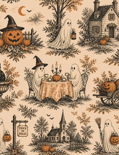a halloween themed wallpaper with pumpkins, ghostes and witches sitting at a table Old Fashioned Halloween Halloween, The Originals, tan