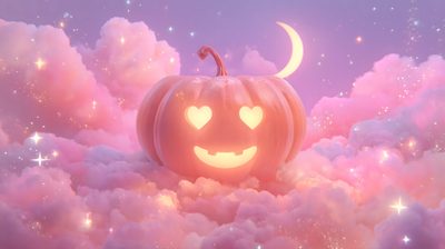 a pumpkin sitting on top of clouds with a moon in the background Cute Pink Halloween For Computer Pink Halloween Ipad, Pink Halloween Gif, Girly Halloween Desktop, pale violet red