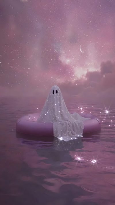 an inflatable ghost floating on top of the ocean under a purple sky filled with stars Pink Halloween Gif Sparkle Skeleton, Glitter Ghost, Pink Ghost Aesthetic, Halloween Cute, Witchy, dim gray