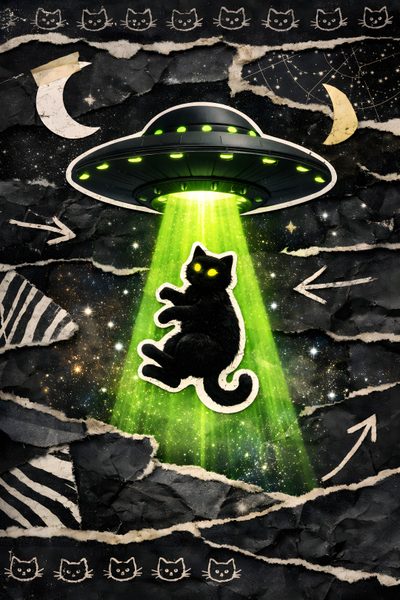 a black cat sitting on top of a rock wall with an alien spaceship above it Alien Halloween Alien Cat Aesthetic, Black Cat Alien, Cats And Aliens, Green Space Cat, dark slate gray