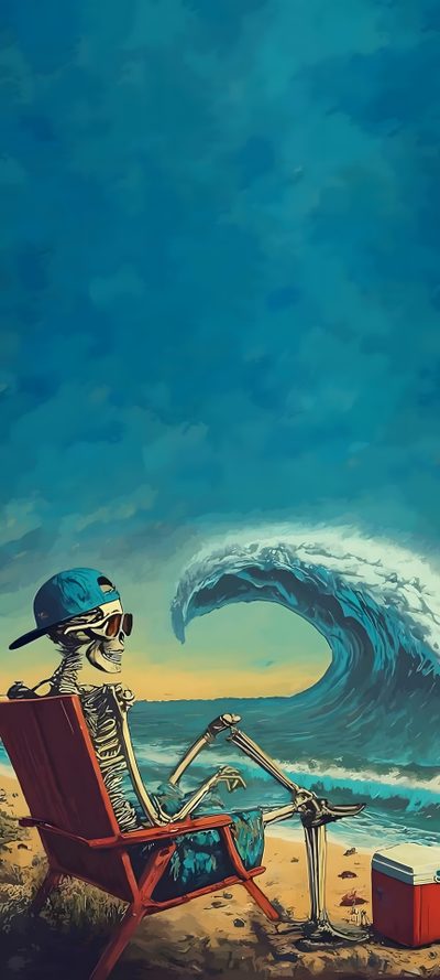 a skeleton sitting in a chair on the beach next to an ocean with a large wave Beach Halloween Scary Ocean, Mermaid Waves Dark Background, Skeleton At Bottom Of Ocean, Skeleton Wave, teal