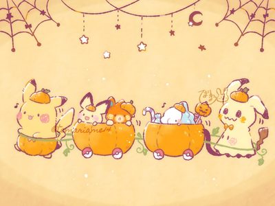 an image of cartoon animals in wagon with stars and spider webs hanging from the ceiling Pokemon Halloween Desktop Tweet Quotes, Pokemon Halloween, Pokemon, Halloween, Pokémon, navajo white