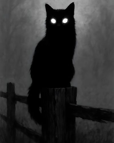 a black cat sitting on top of a wooden fence with glowing eyes in the dark Creepy Black Cat Halloween Witches Familiar, Black Cat Aesthetic, Cat Art Illustration, dark slate gray