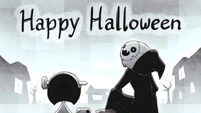a cartoon image of two people dressed in black and white, with the caption happy halloween Missing Halloween Kimi Ni Todoke Halloween, Halloween Gifs Anime, Missing Halloween Fanart, gainsboro