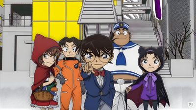 some anime characters are standing in front of an office building with stairs and buildings behind them Detective Conan Halloween Detective Conan Heiji And Shinichi, Detective Conan Banner, Detective Conan Halloween, rosy brown