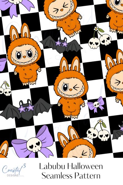 an image of halloween seamless pattern with bats and skulls on checkerboard background Halloween Labubu Y2k Halloween Seamless Pattern, Halloween Labubu, Halloween Striped Seamless Pattern, light pink
