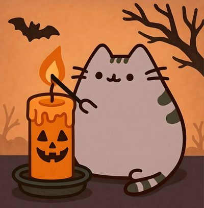 a cat sitting next to a lit candle with a pumpkin on the ground in front of it Kawaii Cute Halloween Cat Pusheen Fall Pfp, Cute Halloween Pusheen, Pusheen Halloween Pfp, peru